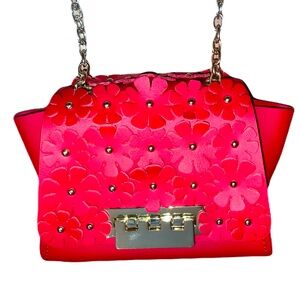 Zac Posen Earthette Mini Gold Chain Red Leather Shoulder Bag crossbody Floral